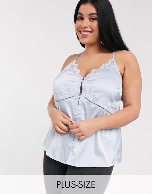 Skylar Rose Plus cami top with button front and lace trim in satin | ASOS