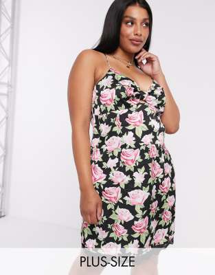 Skylar Rose Plus Mini Slip Dress With Tie Front In Vintage Rose Floral ...