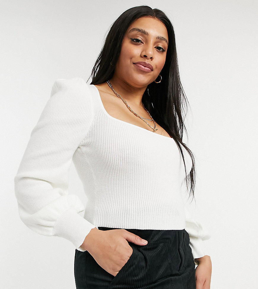 Skylar Rose Plus square neck cropped knit sweater with puff sleeves-White