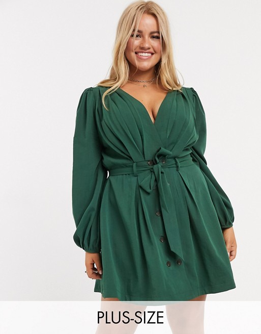 Skylar Rose Plus wrap front dress with tie waist and balloon sleeves