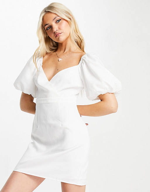 Skylar Rose puff sleeve mini a-line dress in off white