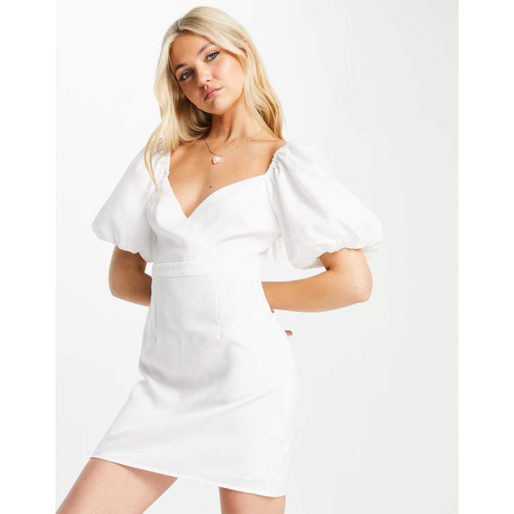 Skylar Rose puff sleeve mini a-line dress in off white