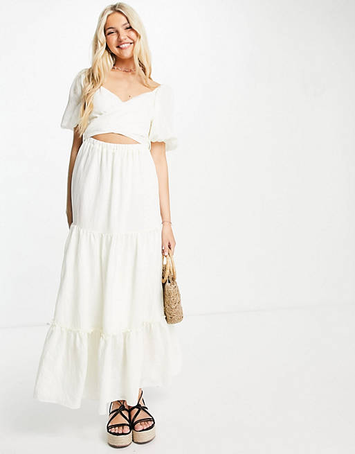 Skylar Rose puff sleeve tiered maxi dress with tie back in cream