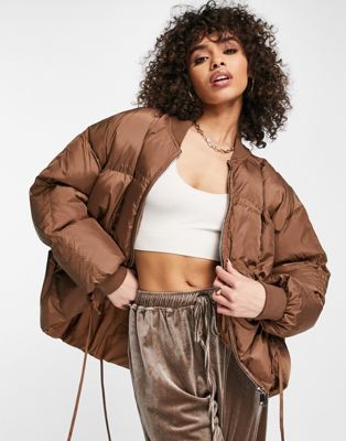 Skylar Rose puffer jacket with tie up detail in chocolate brown