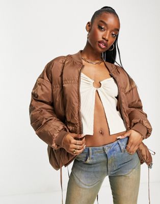 Skylar Rose puffer jacket with tie up detail in chocolate brown