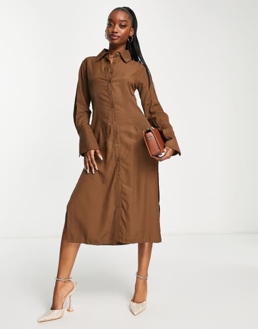 Skylar Rose - Robe chemise mi-longue à dos ouvert - Marron chocolat