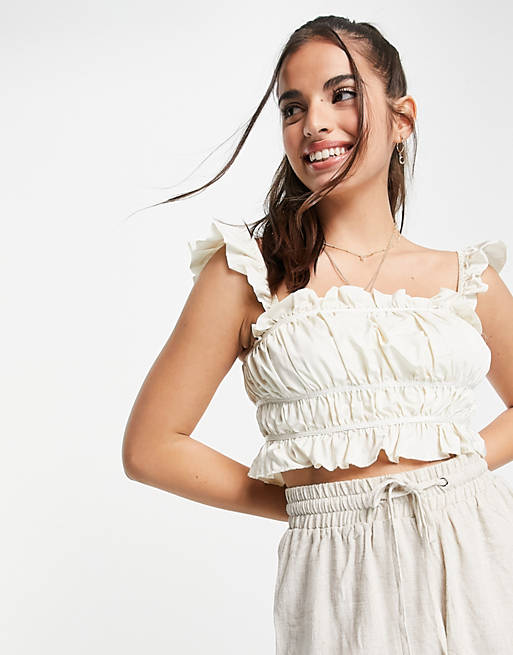 Skylar Rose ruched crop top with frill sleeves
