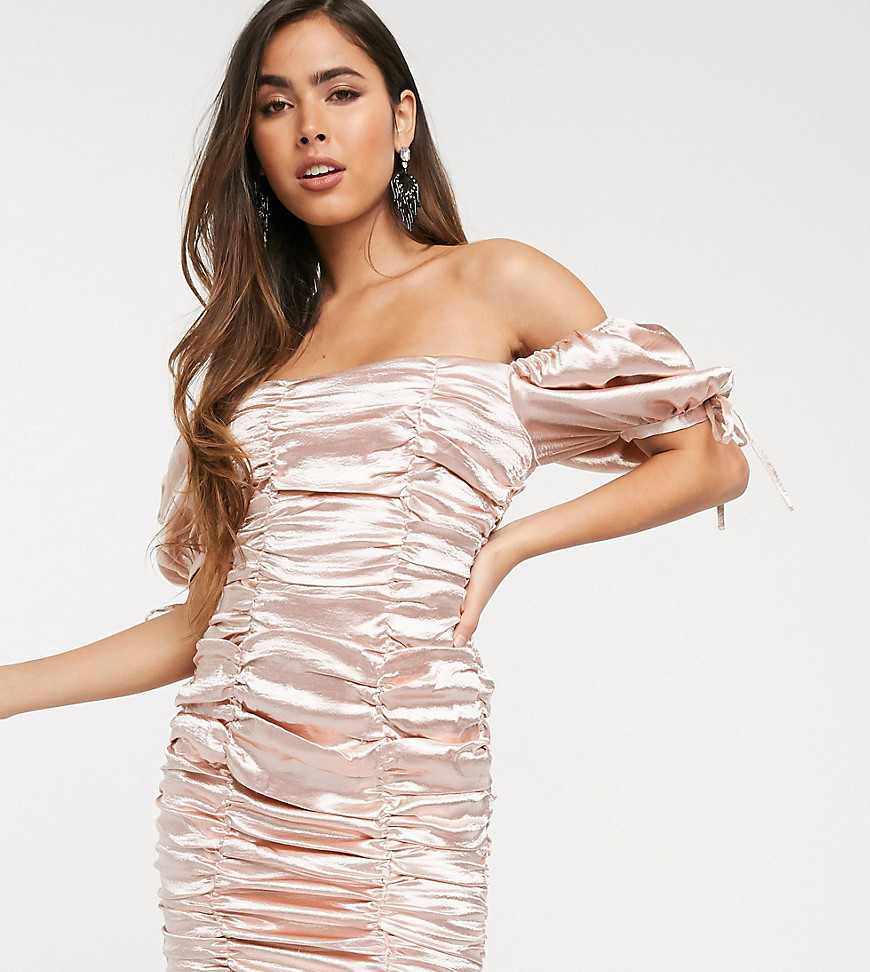 Skylar Rose ruched mini dress with balloon sleeves in hammered satin-Pink
