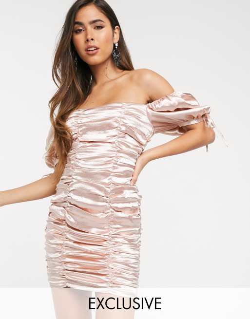 Skylar Rose ruched mini dress with balloon sleeves in hammered satin