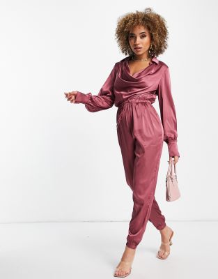 Skylar Rose satin drape front jumpsuit in dusky pink