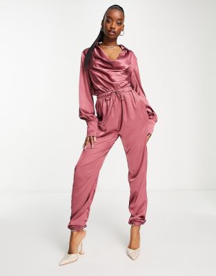 Skylar Rose satin drape front jumpsuit in dusky pink