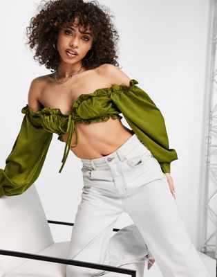 Skylar Rose satin ruched crop top co-ord in khaki