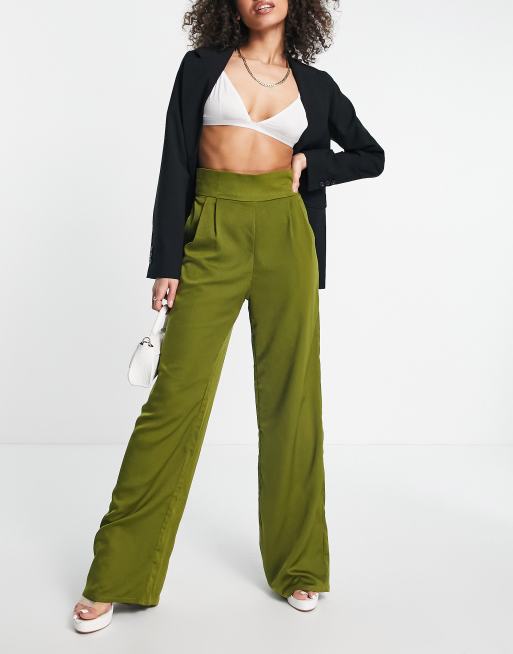 Skylar Rose satin wide leg trousers co ord in khaki