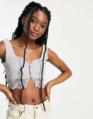 Skylar Rose Skylar Rose square neck ribbed crop top with lace hem co-ord-Grey