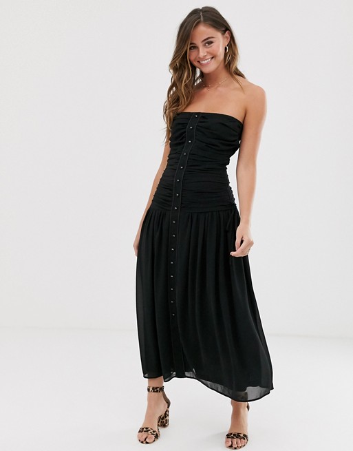 Skylar Rose strapless maxi dress with shirring and button front
