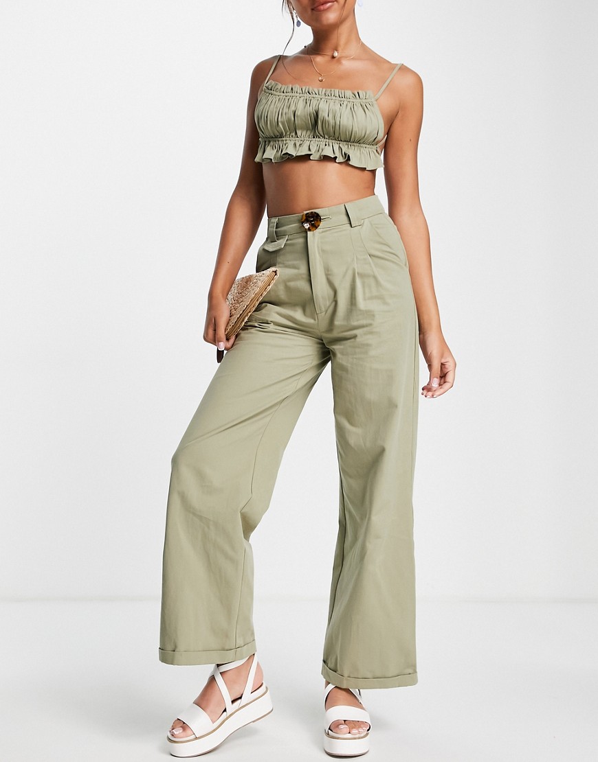Skylar Rose wide leg pants with strappy crop top set in khaki-Green