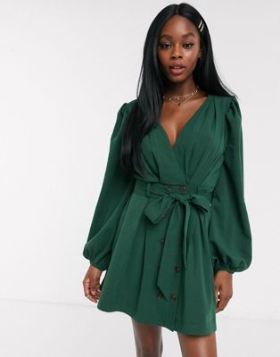 Skylar Rose wrap front dress with tie waist and balloon sleeves-Green ...