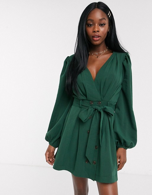 Skylar Rose wrap front dress with tie waist and balloon sleeves