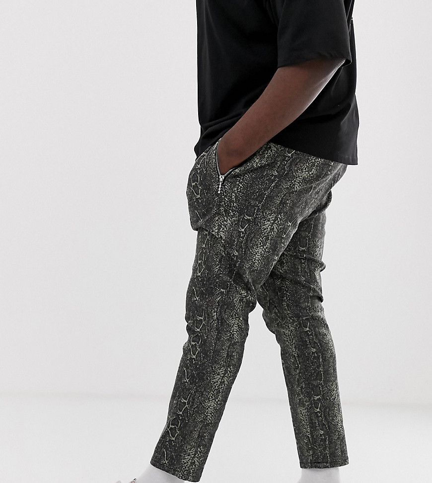 Slangeskinds-farvede skinny cropped bukser med lynlåslommer fra ASOS DESIGN Plus-Grøn