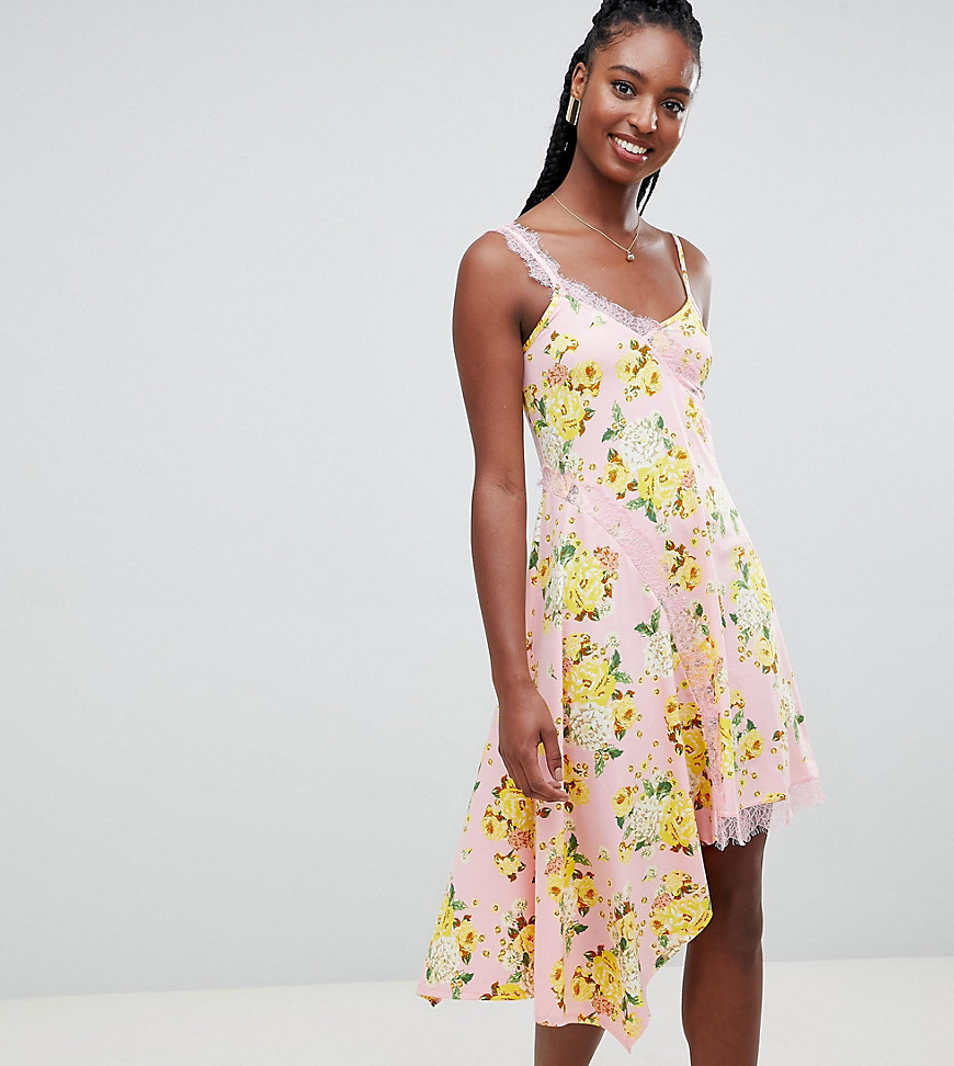 Slip-kjole med blonder og blomsterprint fra ASOS DESIGN Tall-Multifarvet