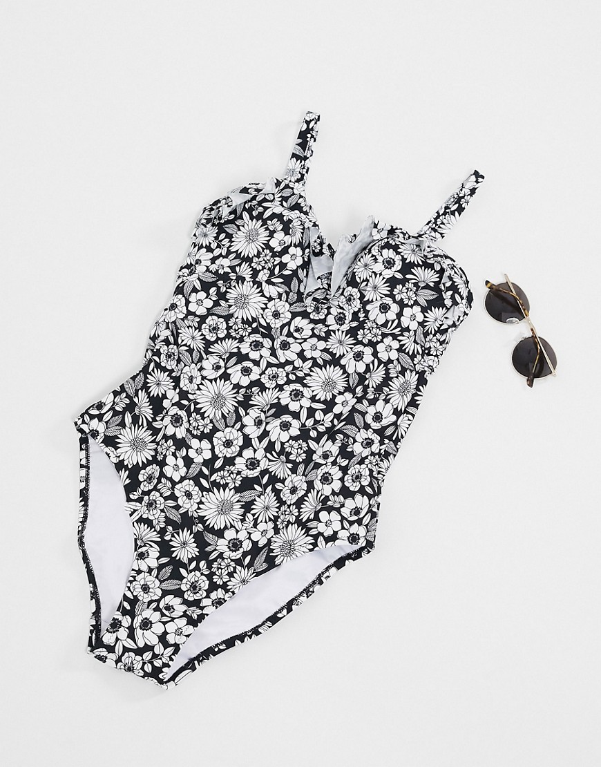 Слитный моделирующий купальник-бандо с черно-белым цветочным принтом Figleaves Fuller Bust-Черный цвет