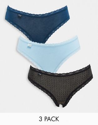 Sloggi - 24/7 Weekend - Lot de 3 culottes taille basse à imprimé géométrique - Bleu et noir | ASOS