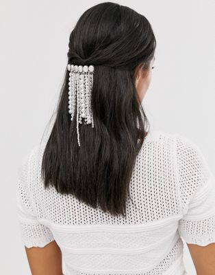 Sølv-farvet barrette hårspænde med perle og krystal strenge fra ASOS DESIGN