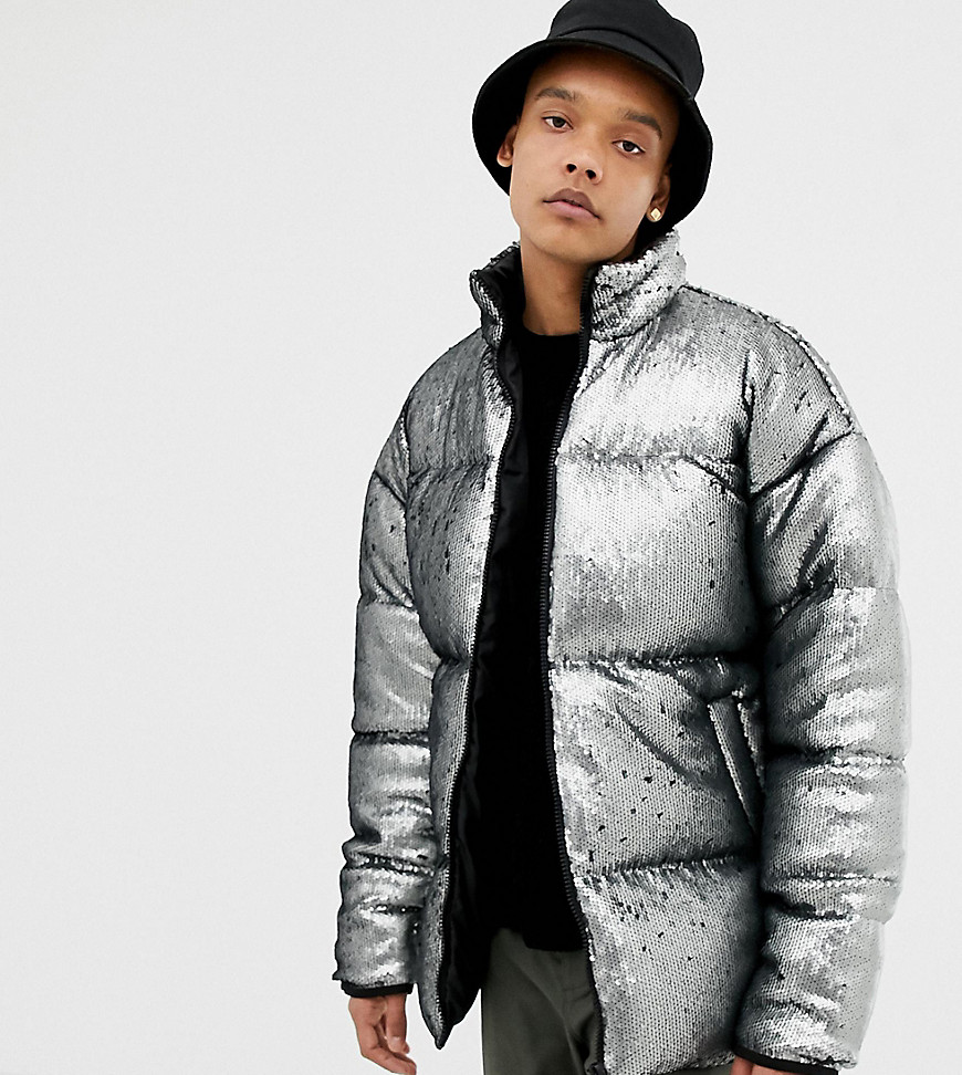 Sølvfarvet vatteret jakke i overstørrelse med pailletter fra ASOS DESIGN Tall