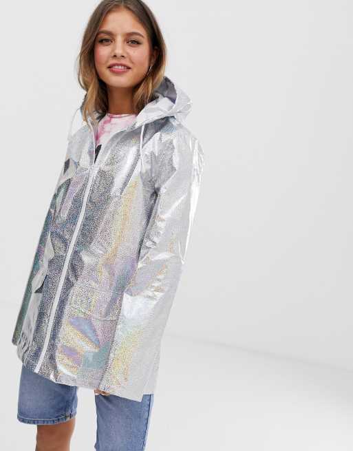 Sølvglitret holografisk festivalregnfrakke fra Brave Soul