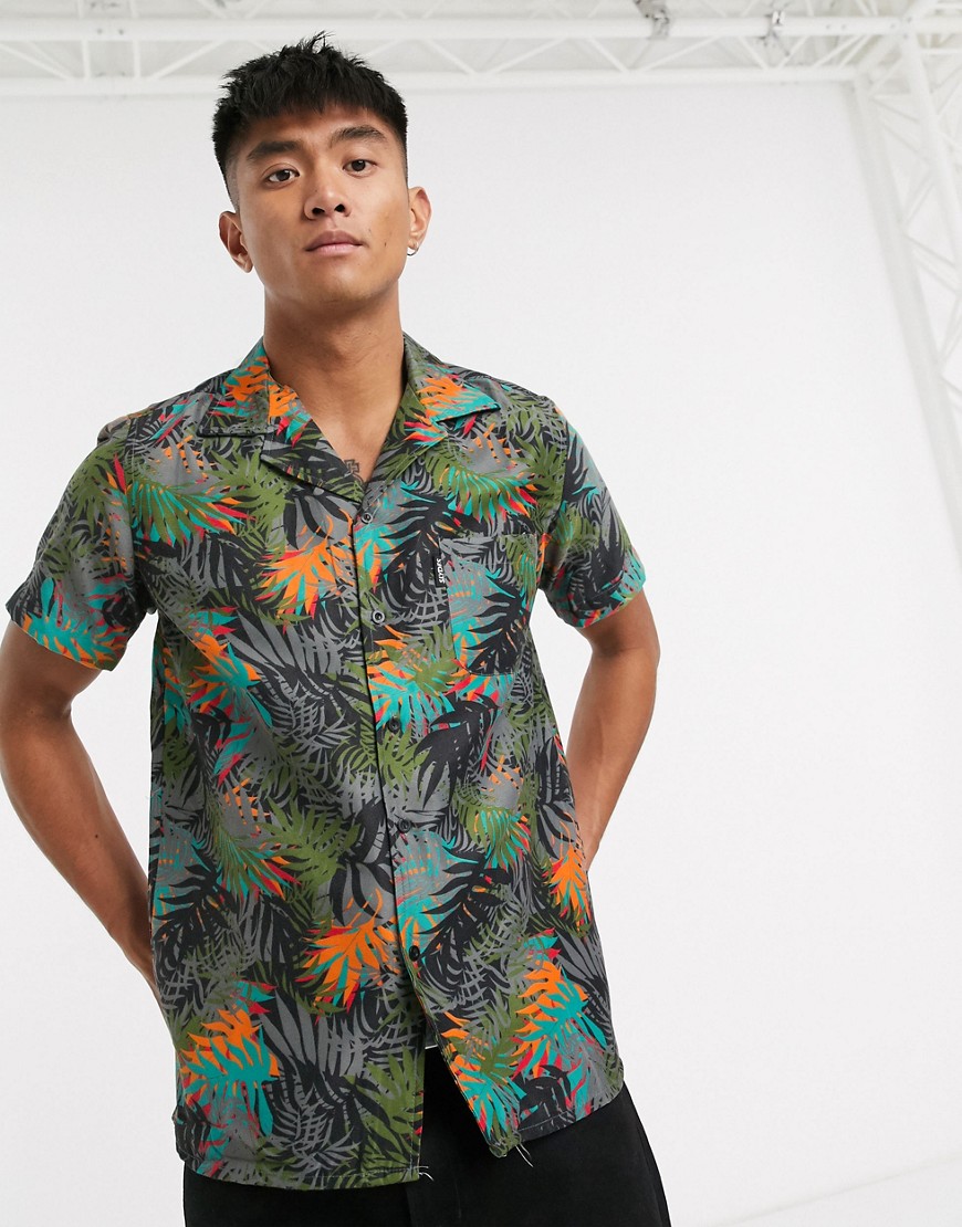 Slydes - Camicia da spiaggia nera con stampa di palme-Multicolore