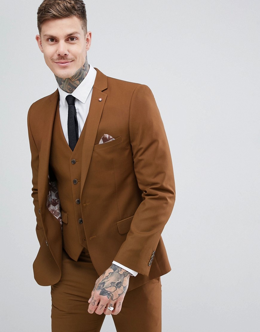 Smal Ensfarvet tekstureret suit jakke fra Harry Brown-Brun