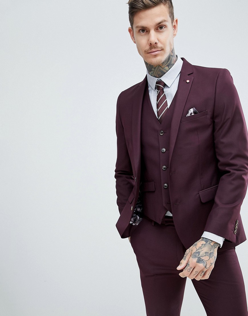 Smal Ensfarvet tekstureret suit jakke fra Harry Brown-Rød