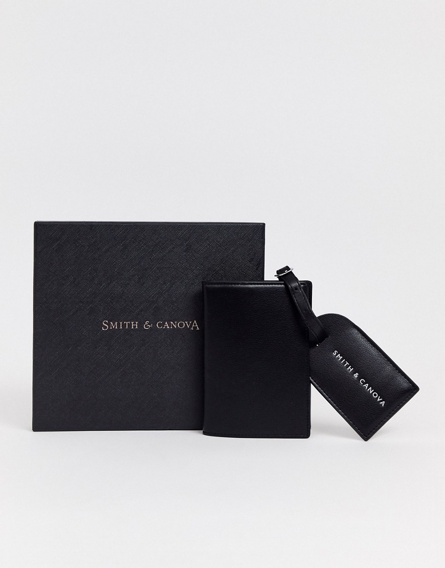 Smith and Canova - Set regalo targhetta per bagaglio e porta passaporto in pelle-Nero
