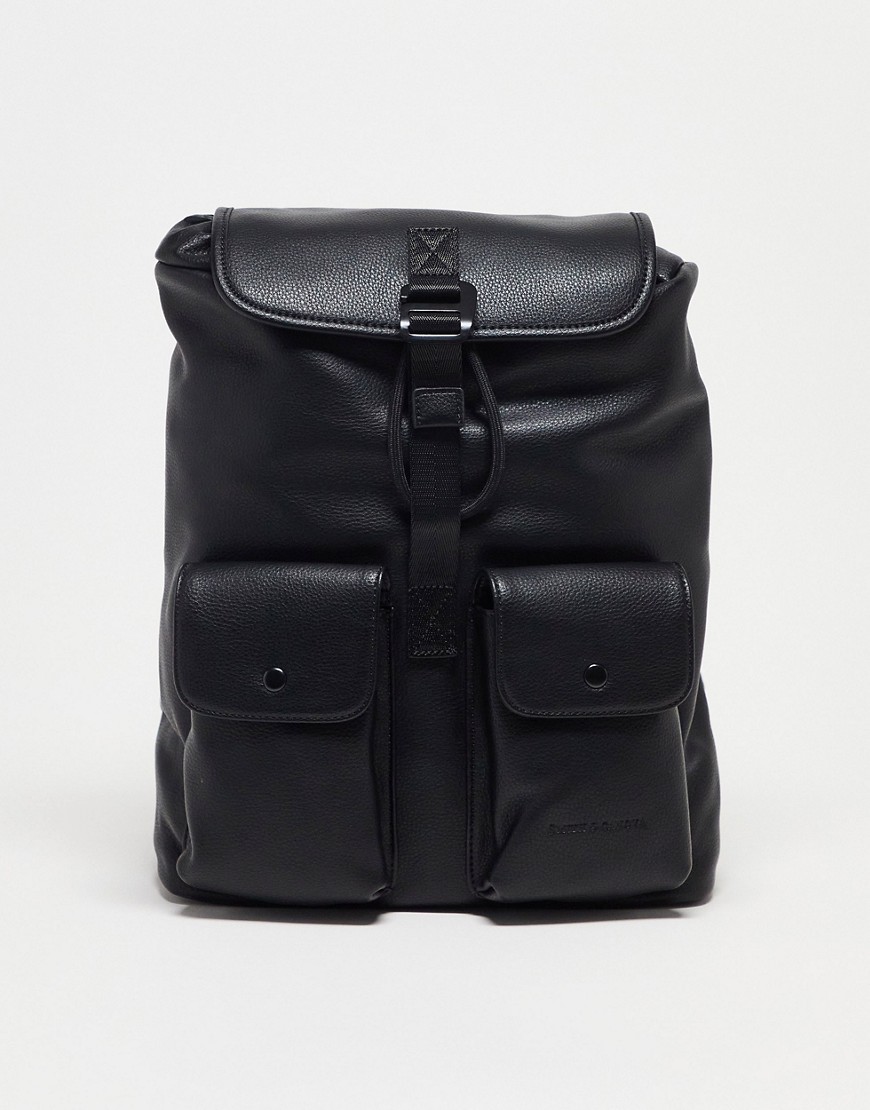 Smith & Canova Leather Slouch Double Pocket Backpack In Black