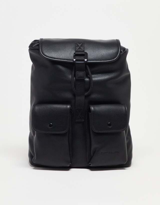 Smith & Canova leather slouch double pocket backpack in black