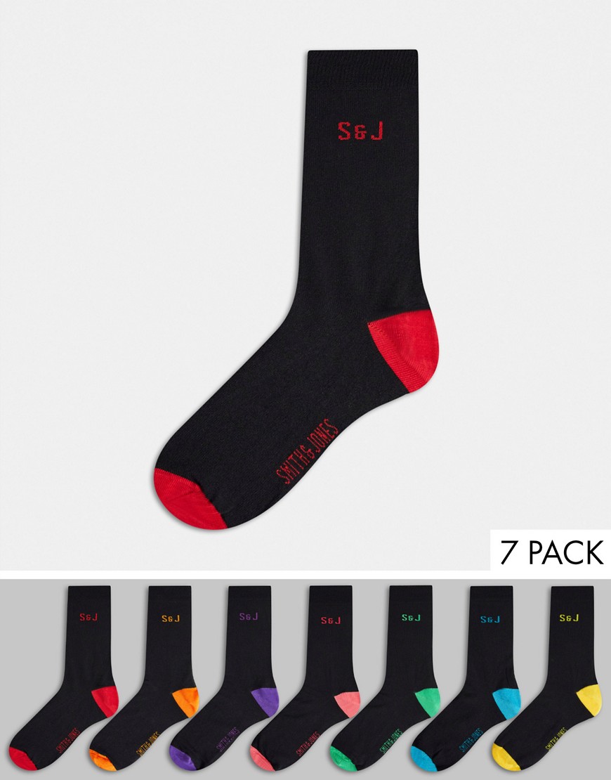 Smith & Jones - Innis - Set van 7 paar sokken met neonkleurige hiel en teen in zwart
