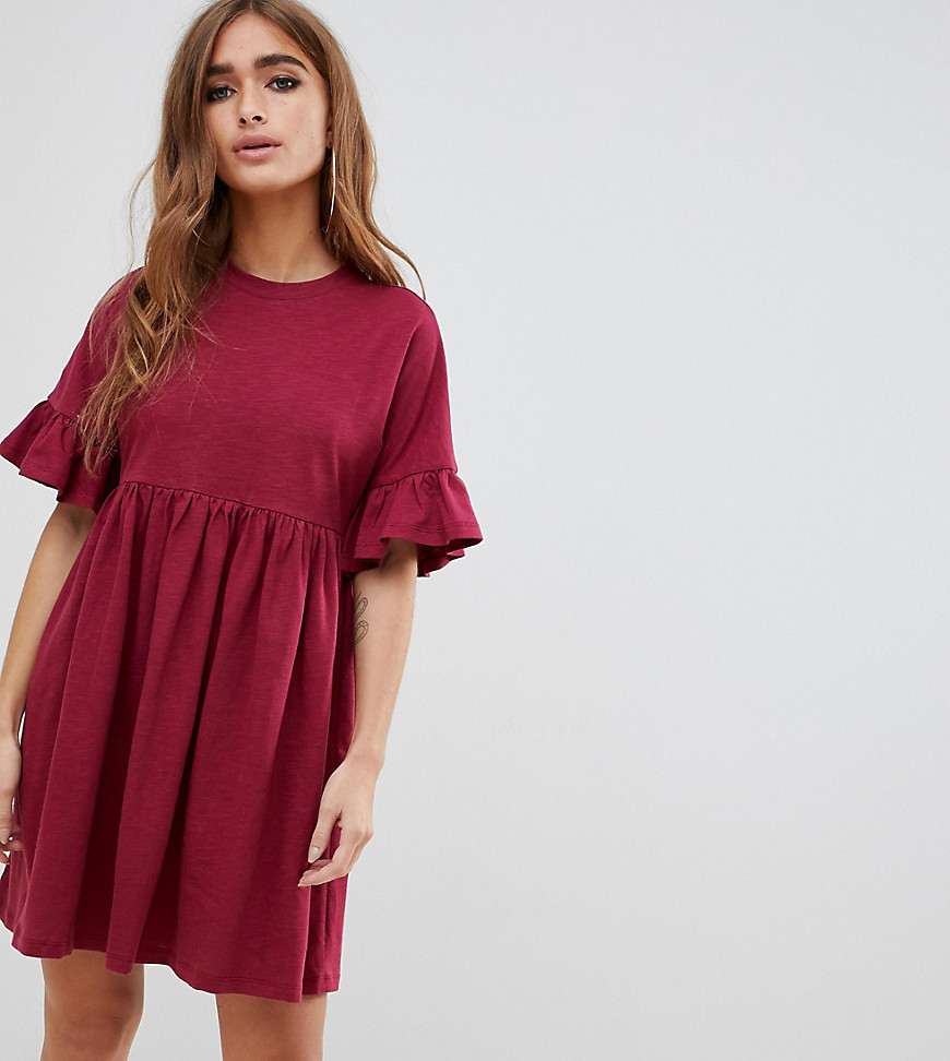 Asos Petite - Smock-kjole i bomuld med flæseærmer fra asos design petite-rød