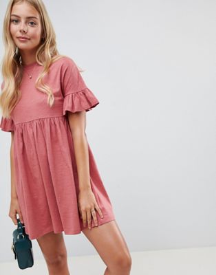 Smock-kjole i grovspundet look med rynkede ærmer i bomuld fra ASOS DESIGN-Pink