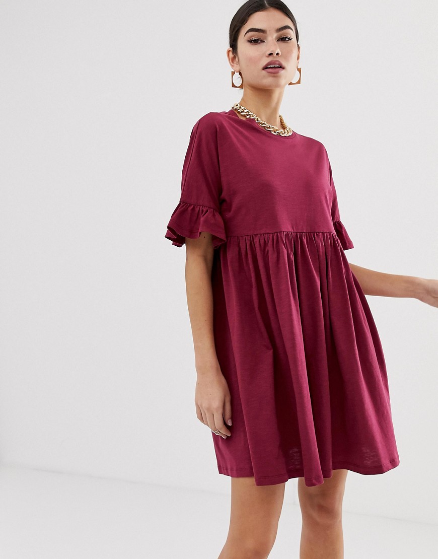 Smock-kjole i grovspundet look med rynkede ærmer i bomuld fra ASOS DESIGN-Rød