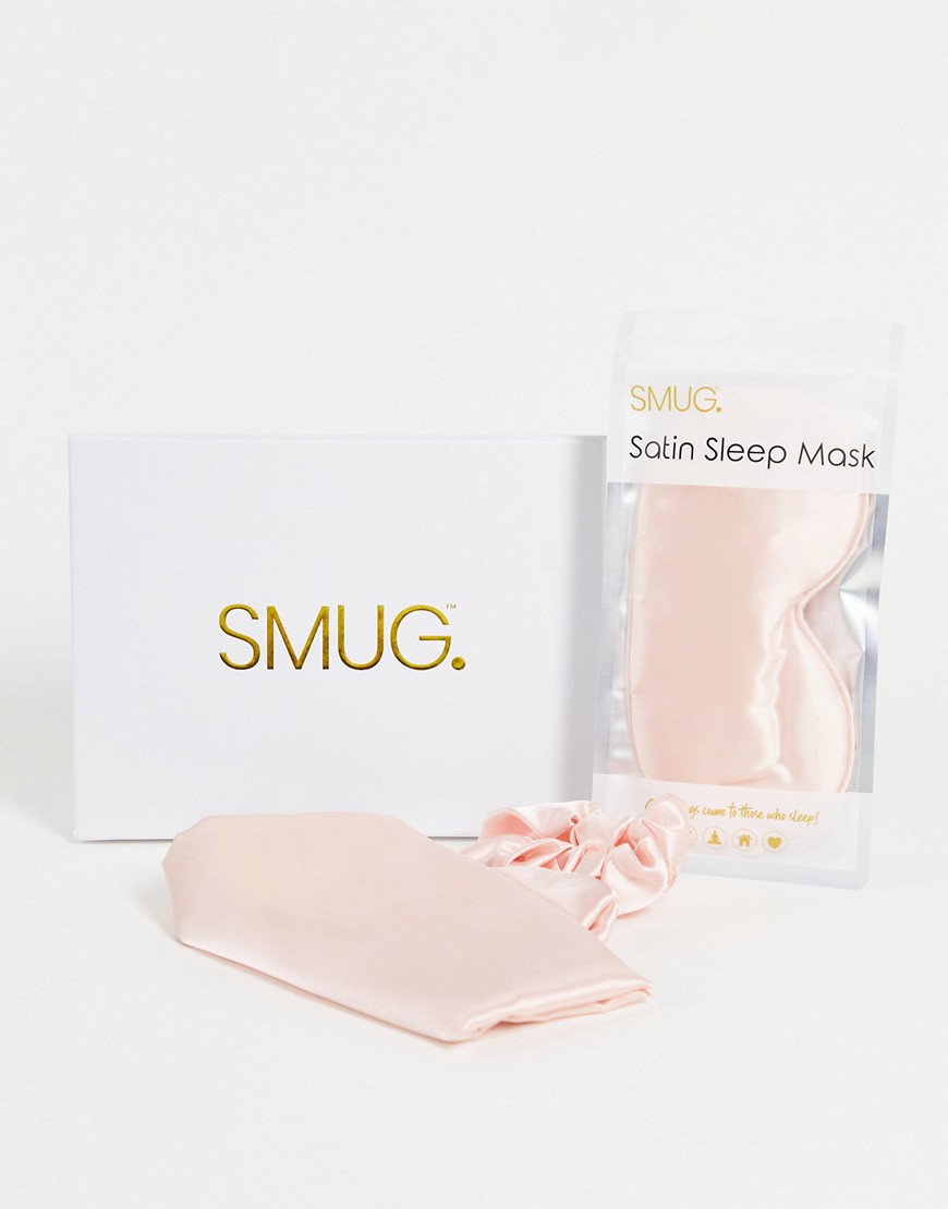 SMUG satin pillowcase with sleep mask and scrunchie set gift box-Pink