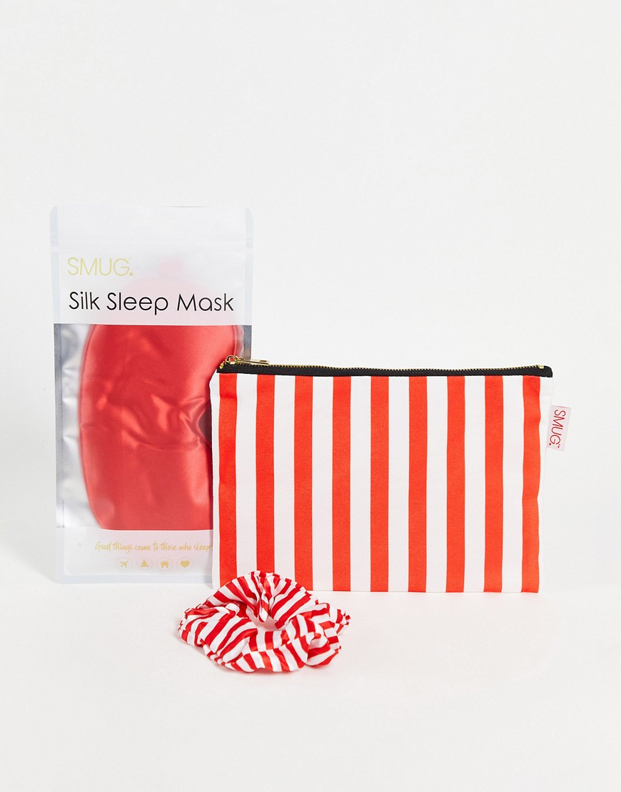 Smug scrunchie, sleep mask and bag set in red