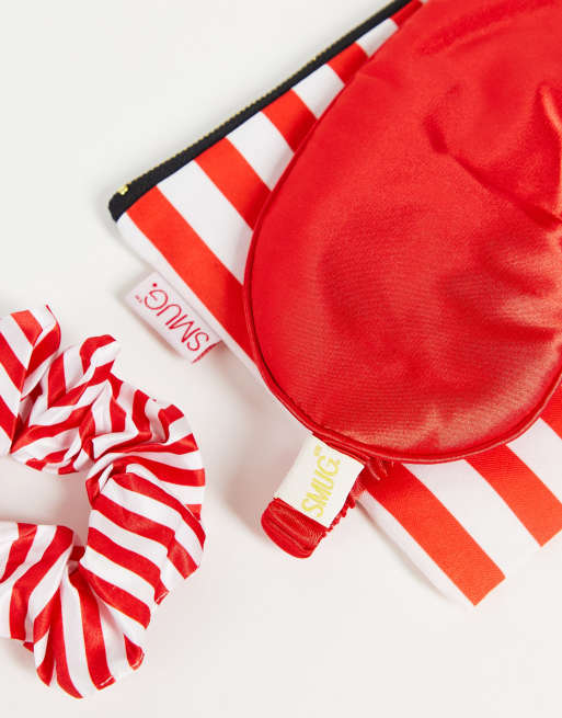 Smug scrunchie, sleep mask and bag set in red ASOS