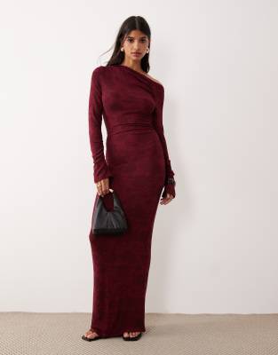 SNDYS SNDYS asymmetric off shoulder bodycon maxi dress in burgundy floral print-Red