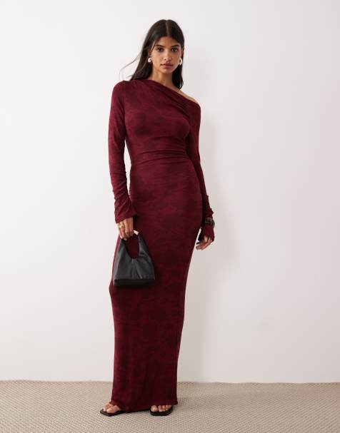 SNDYS asymmetric off shoulder bodycon maxi dress in burgundy floral print - view 1