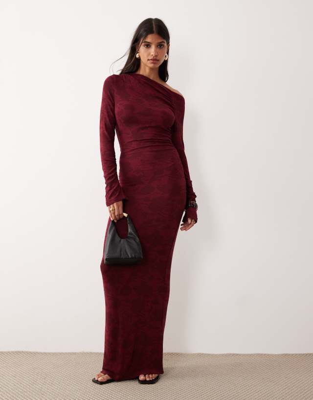 burgundy off the shoulder bodycon dress SNDYS asymmetric off-shoulder maxi in floral print Elevate your evening wardrobe split neckline White Floral Dress Shoes Color:Army Green