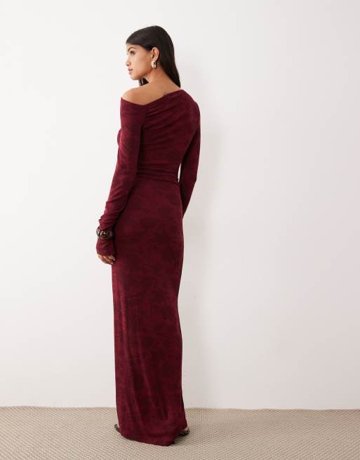 SNDYS asymmetric off shoulder bodycon maxi dress in burgundy floral print, 2 of 4