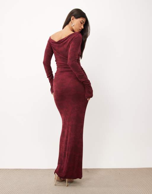 SNDYS asymmetric off shoulder bodycon maxi dress in burgundy floral print, 4 of 4