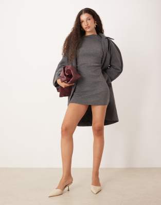 SNDYS SNDYS asymmetric off shoulder ruched mini dress in charcoal-Grey
