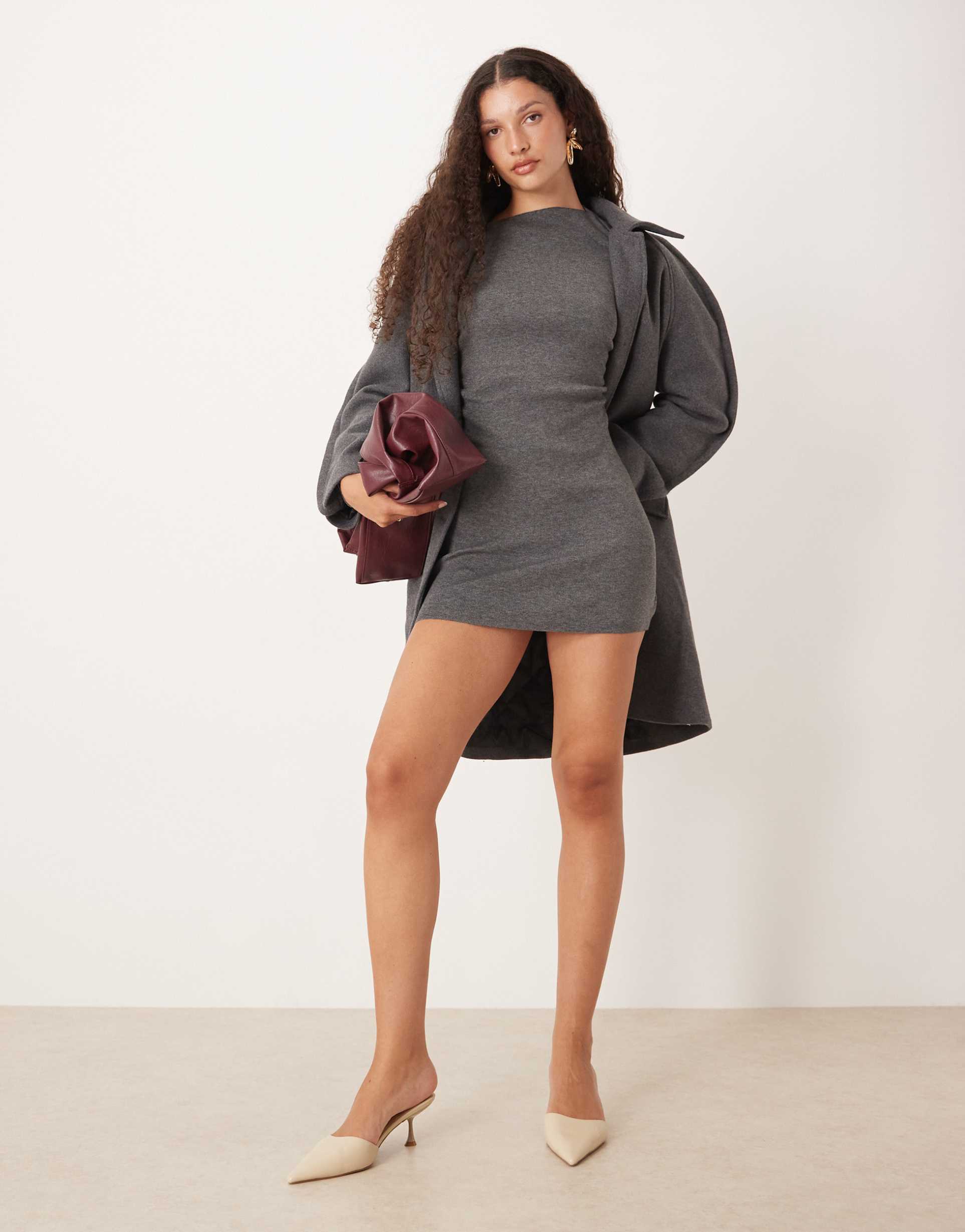 sndys asymmetric off the shoulder ruched mini dress in charcoal