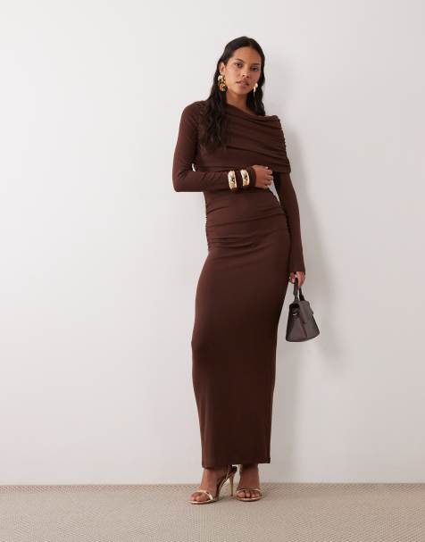 SNDYS asymmetric shoulder fold over detail ruched maxi dress in chocolate - view 1